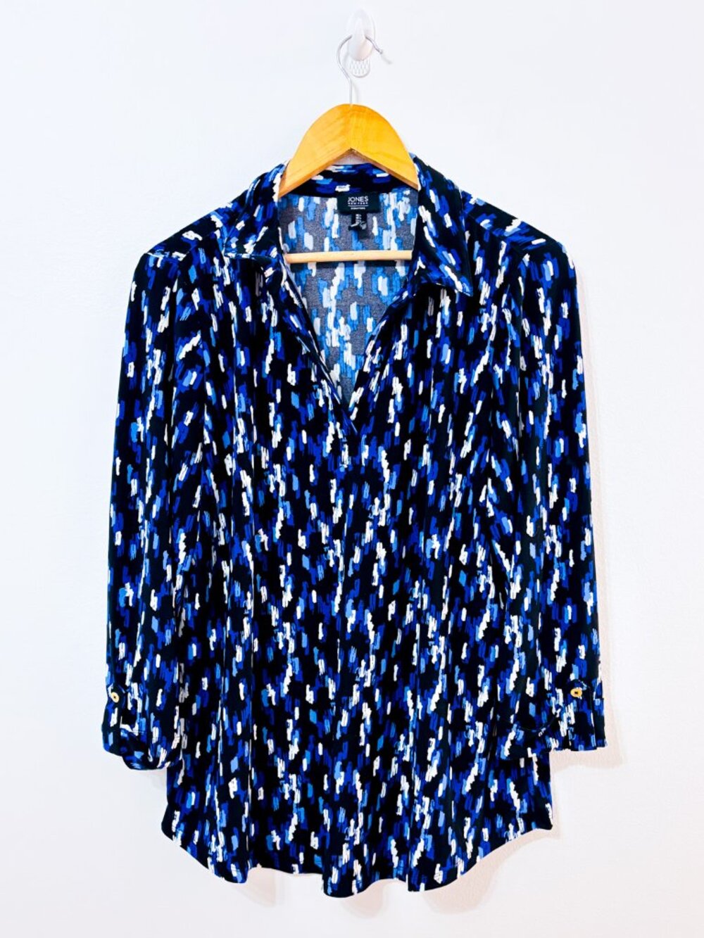 Jones New York Blue Abstract Print Roll Tab Blouse Office Casual Womens Large